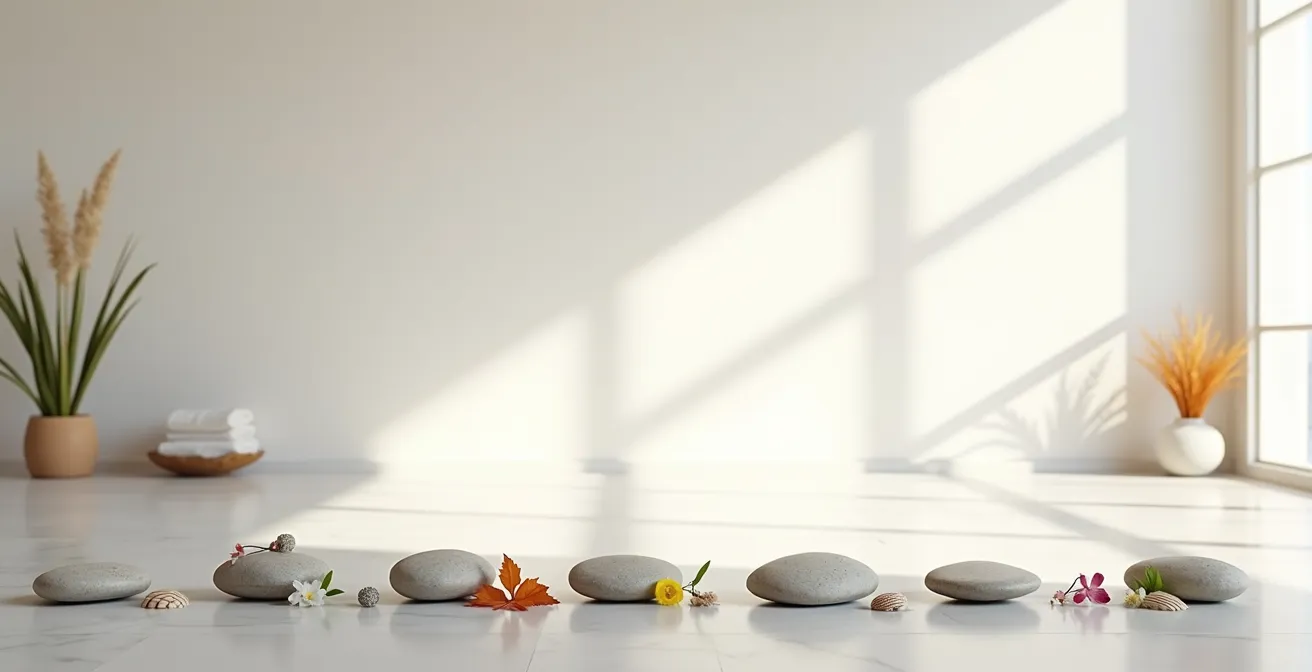 Espace épuré avec calendrier symbolique et éléments naturels évoquant les saisons