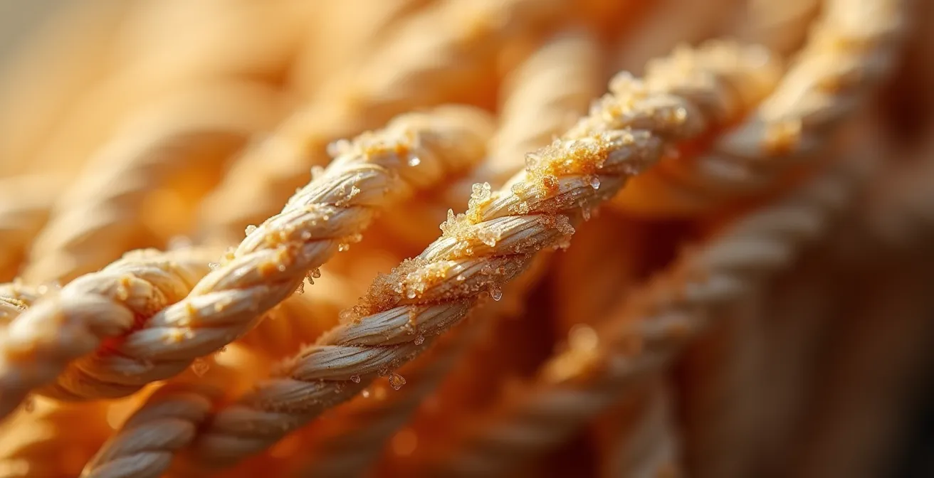 Représentation abstraite de fibres de collagène devenant rigides sous l'effet de la glycation