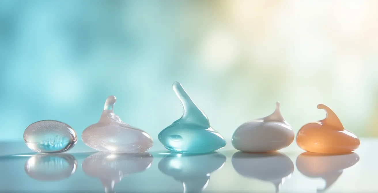 Vue macro de textures cosmétiques superposées montrant la progression de fluide à épais