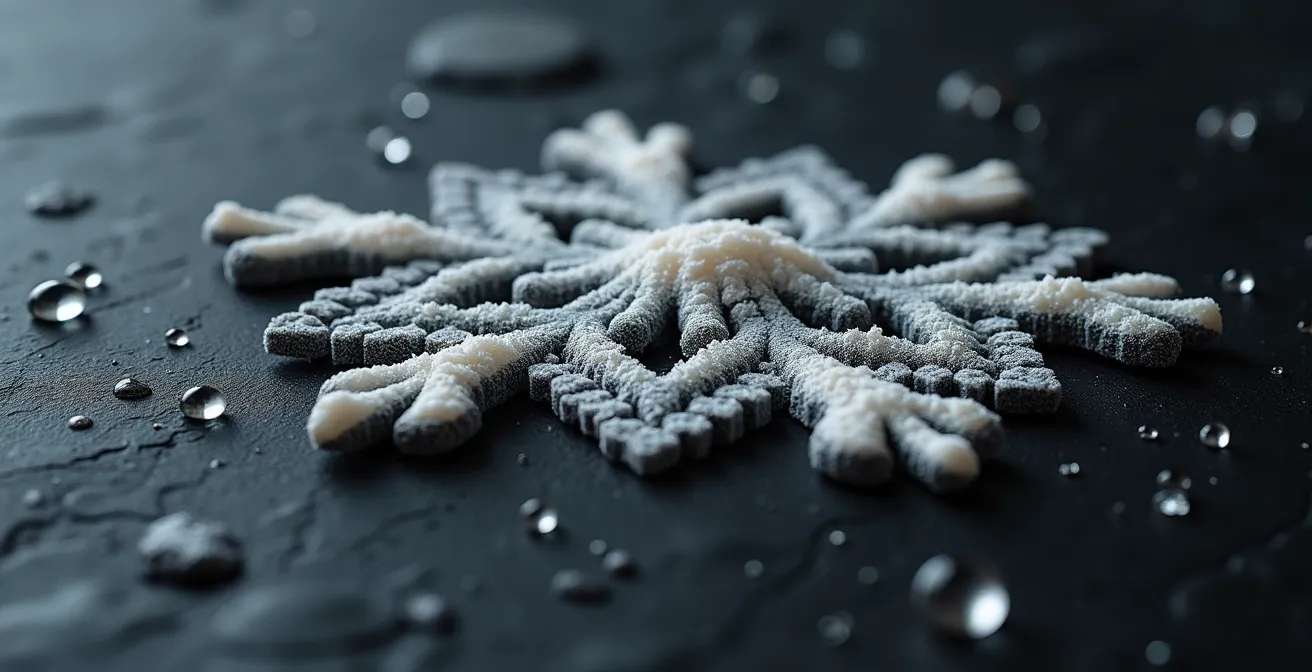 Gros plan d'une goutte d'eau séchée laissant un résidu blanc calcaire visible sur une surface sombre