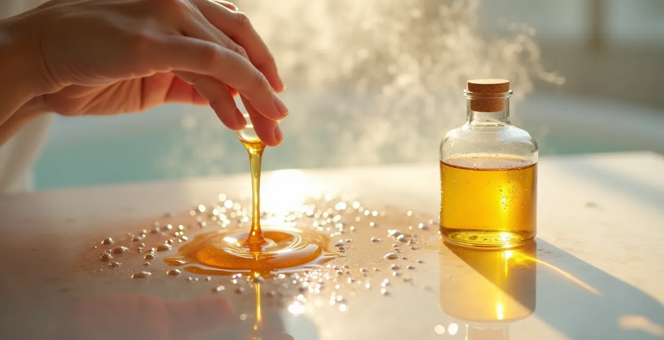 Application d'huile dorée sur une peau humide avec des gouttelettes d'eau visibles