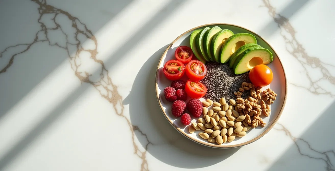 Vue aérienne d'une assiette colorée avec aliments riches en antioxydants pour la peau