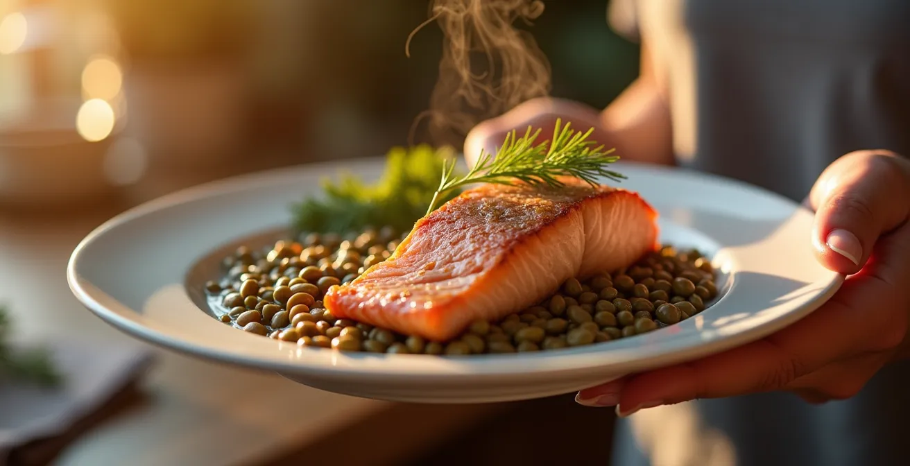 Assiette du soir avec saumon, lentilles et graines pour une absorption optimale des oméga-3