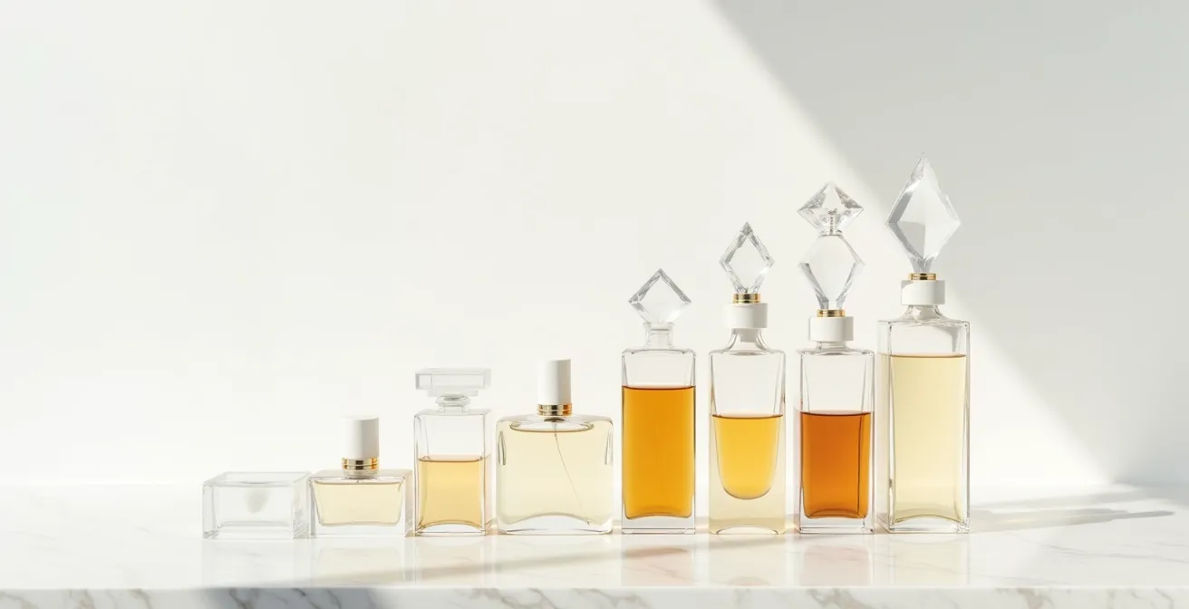 Flacons de parfum de différentes qualités disposés en pyramide élégante