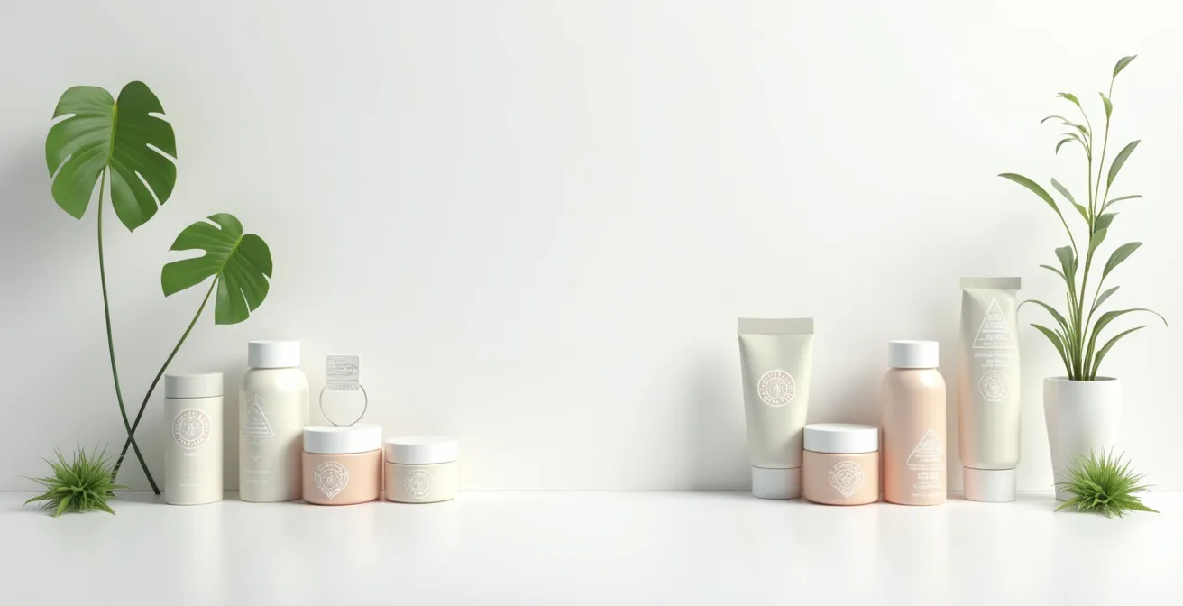 Composition minimaliste montrant le contraste entre packaging trompeur et certifications authentiques