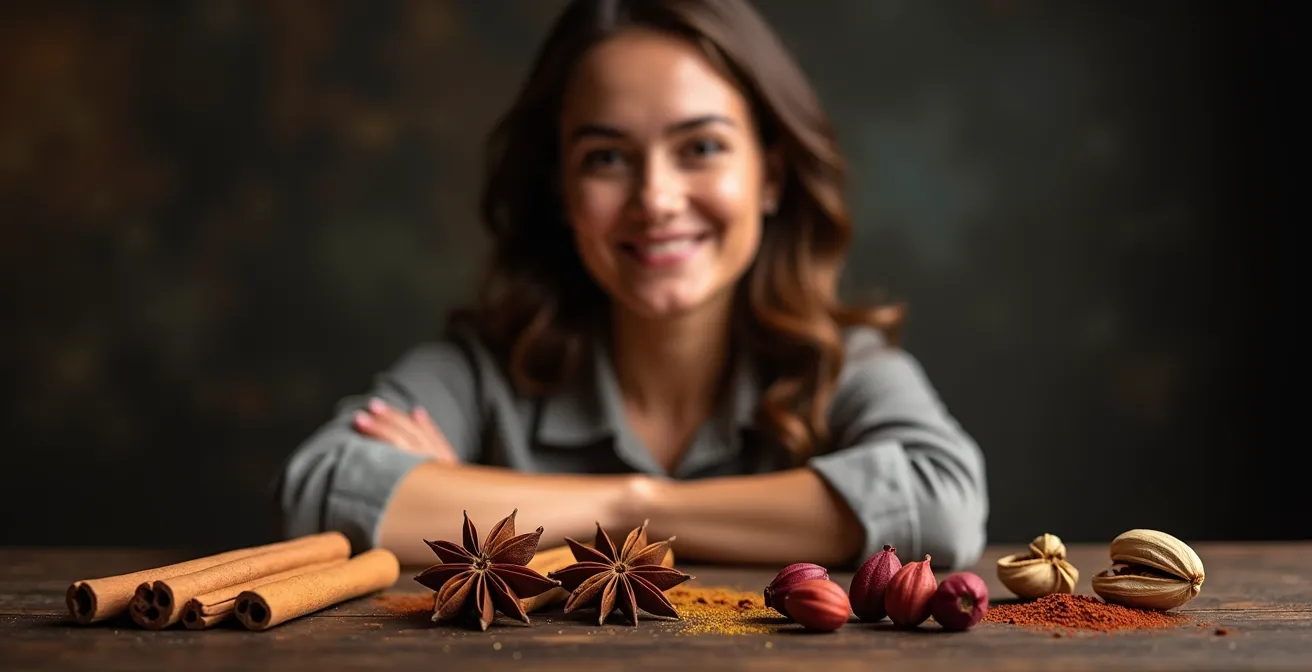 Composition artistique d'épices colorées créant une aura dynamique