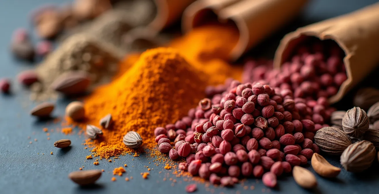 Composition artistique d'épices chaudes et froides pour illustrer leur impact sur le charisme