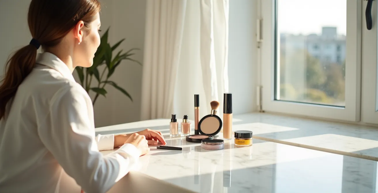 Femme se maquillant devant une fenêtre avec lumière naturelle