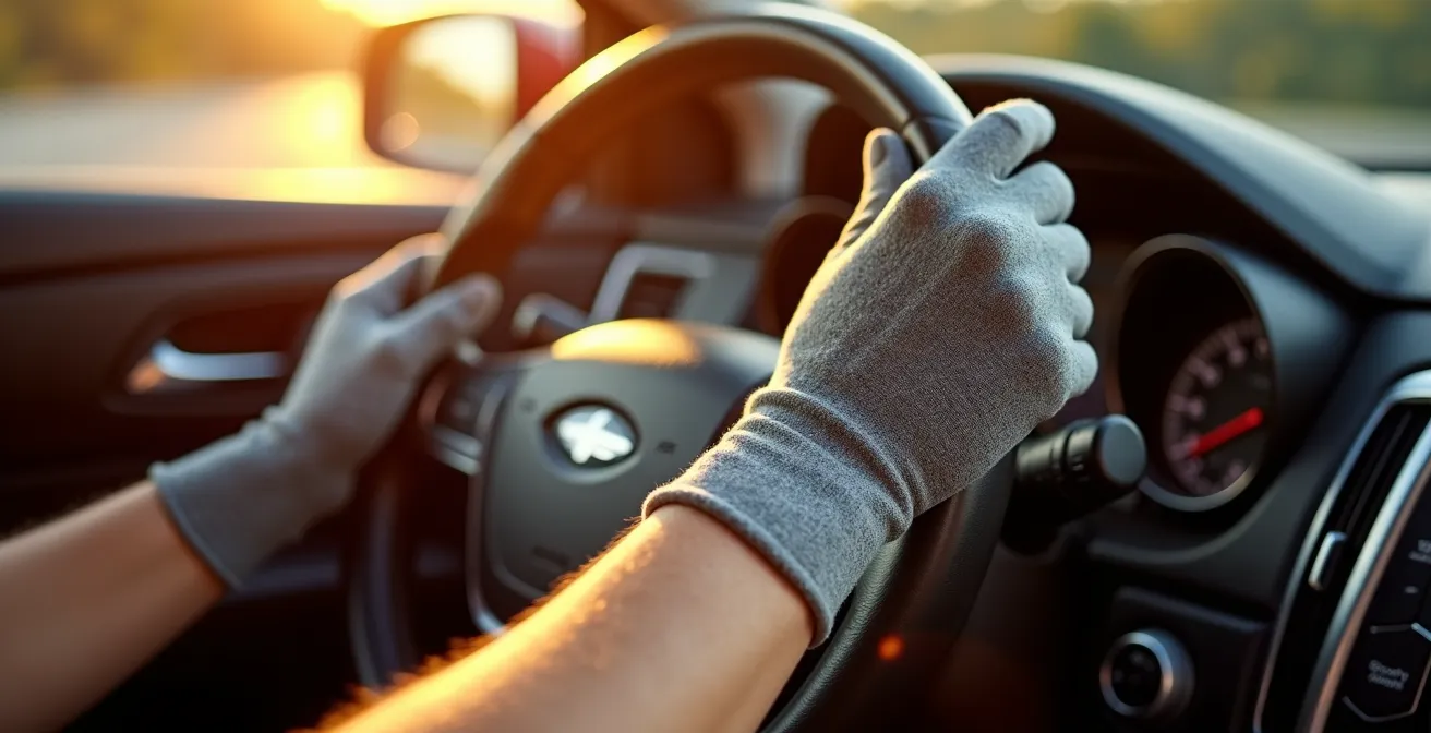 Mains portant des gants de protection UV élégants sur un volant de voiture
