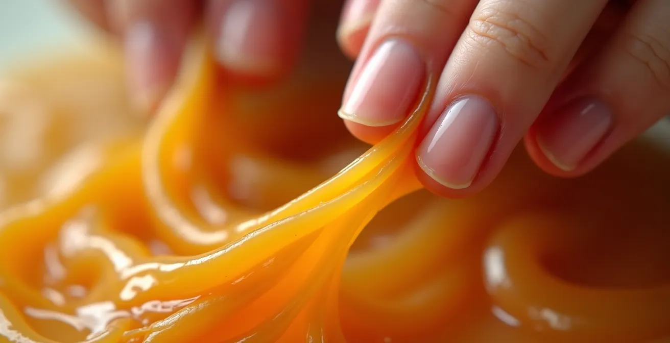 Mains malaxant de la cire orientale jusqu'à obtenir une texture dorée et nacrée