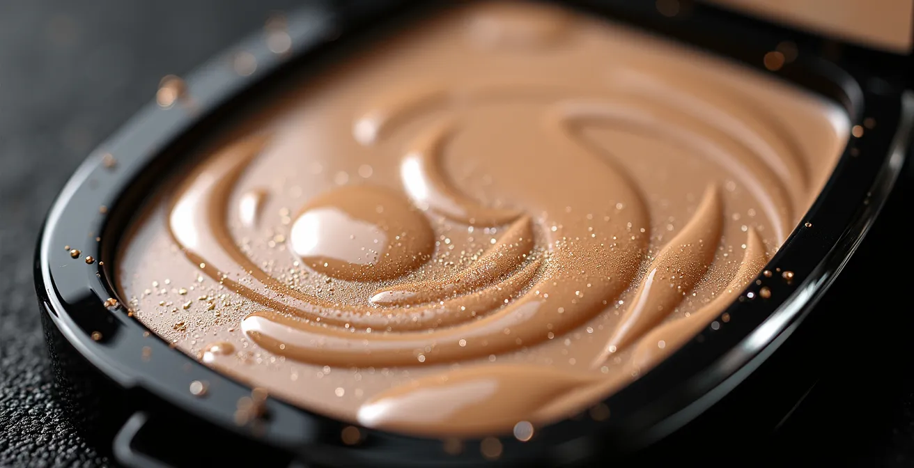 Gros plan sur le mélange de textures de fond de teint et d'illuminateur créant un effet nacré