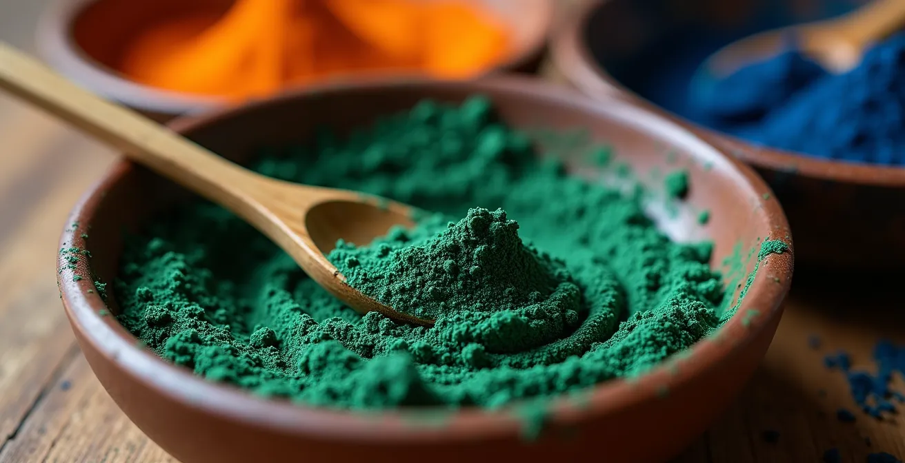 Préparation du mélange de poudres de henné et d'indigo dans des bols en céramique