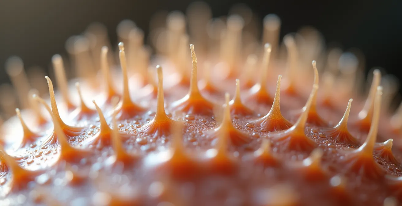 Vue microscopique du cuir chevelu montrant l'équilibre du microbiome avec des glandes sébacées