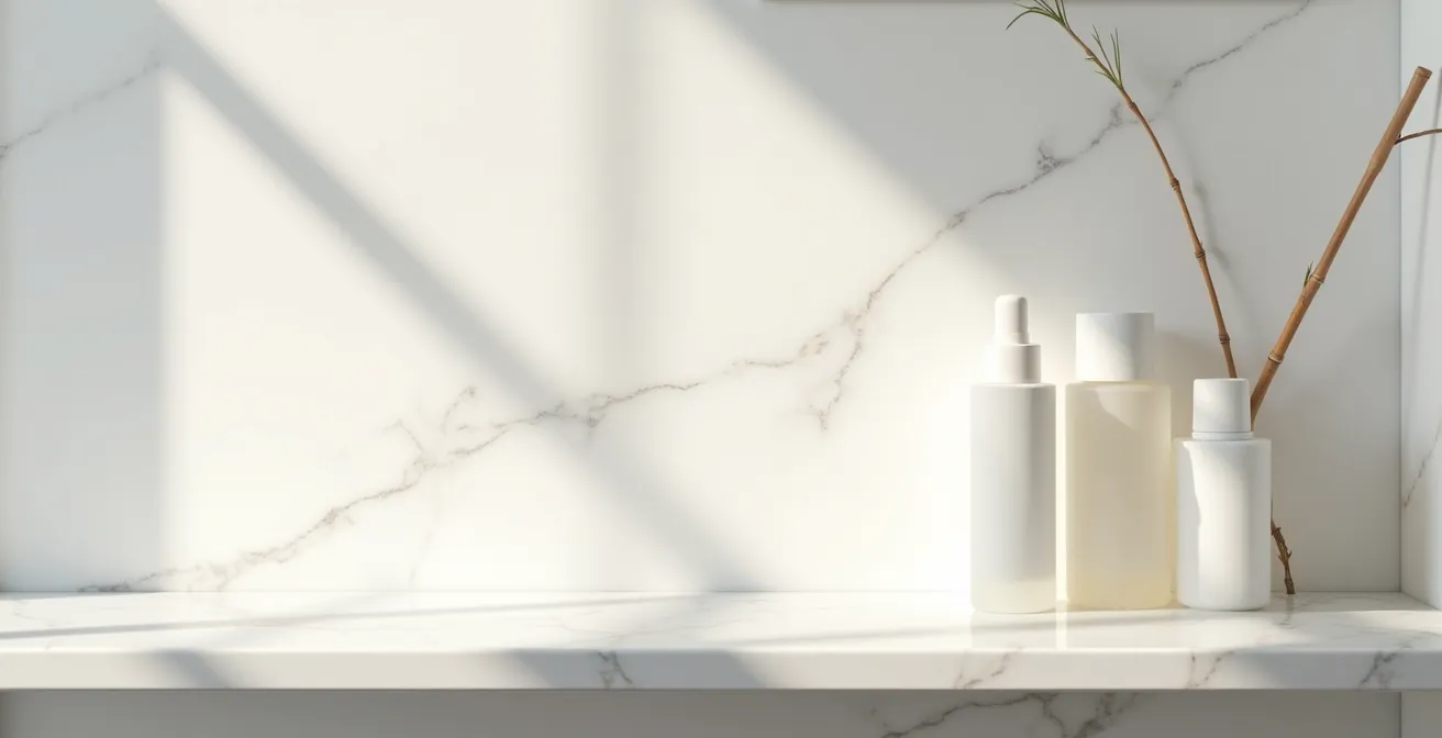 Vue aérienne minimaliste d'une étagère de salle de bain avec quatre flacons essentiels disposés géométriquement