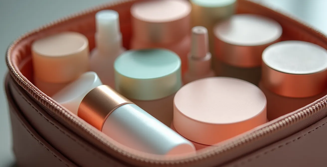 Vue rapprochée d'une trousse de toilette parfaitement organisée selon la méthode Tetris