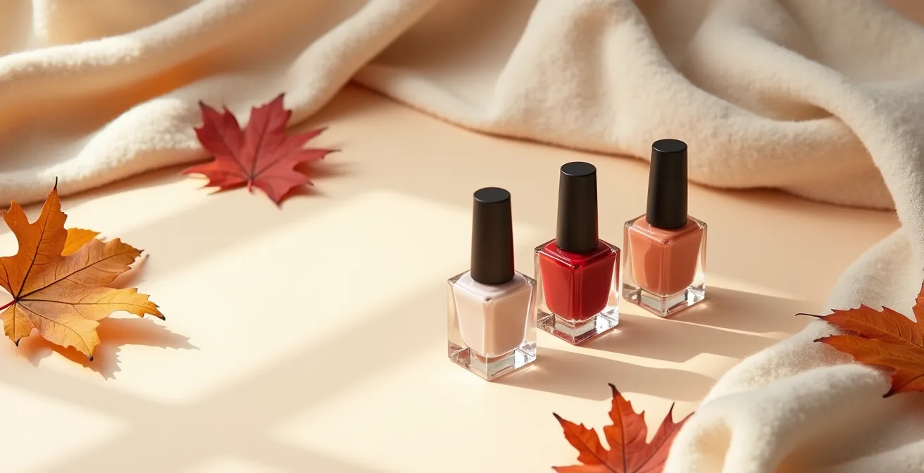 Trois flacons de vernis disposés en triangle représentant la règle des 3 teintes essentielles