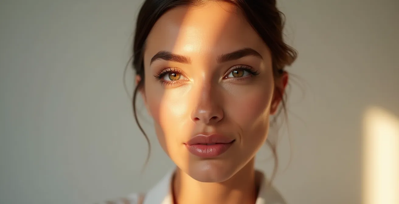 Visage féminin avec marquage des zones d'application de l'highlighter pour un effet lifting