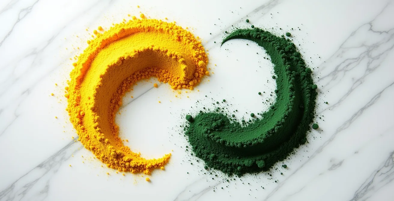 Pollen doré et spiruline verte en poudre disposés en demi-cercles symbolisant les saisons