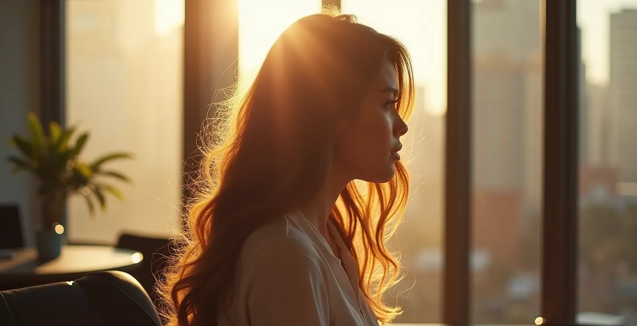 Cheveux exposés à la lumière naturelle filtrée à travers une fenêtre de bureau