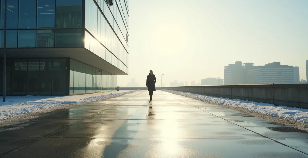Scène urbaine hivernale montrant les multiples surfaces réfléchissantes des UV en ville