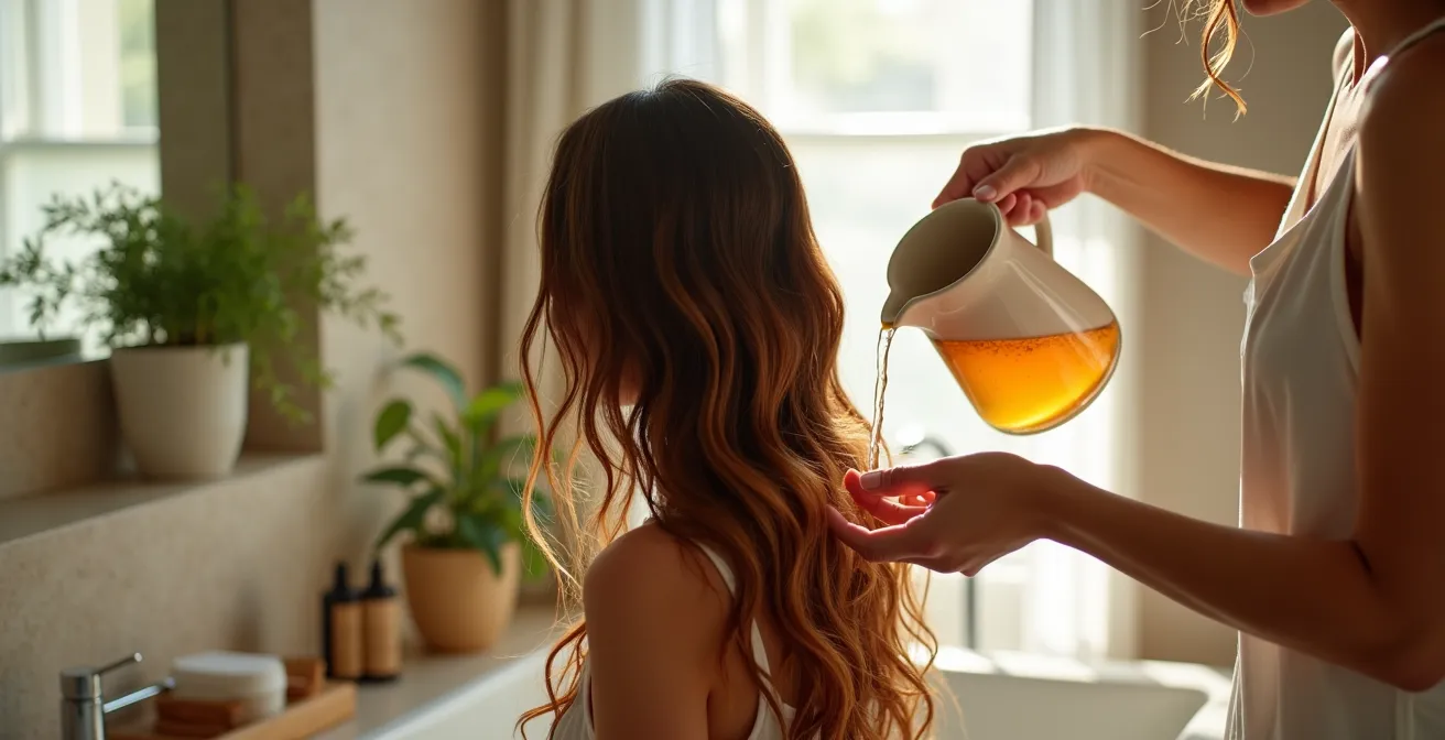 Femme rinçant ses cheveux bruns cuivrés avec une infusion naturelle