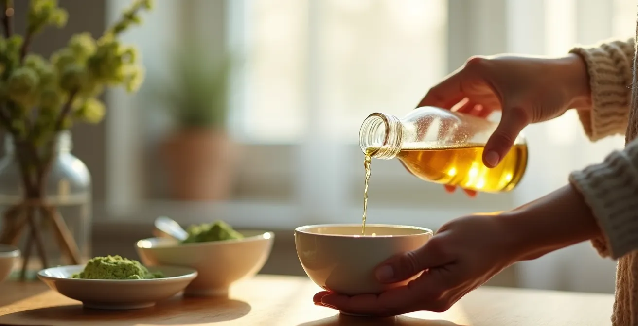 Flacon de sève de bouleau fraîche avec poudres vertes en arrière-plan flou