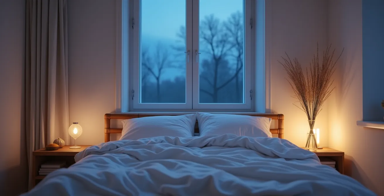 Chambre minimaliste baignée de lumière douce favorisant le sommeil réparateur