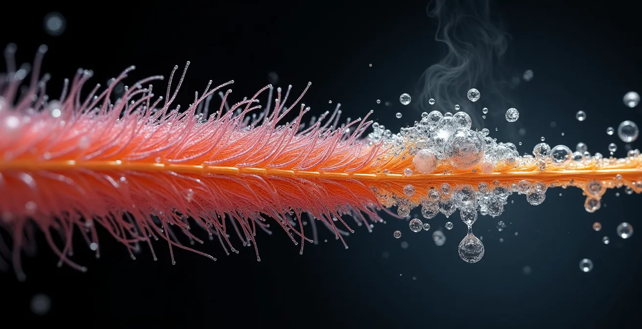 Vue microscopique de la structure de la kératine du cheveu avant et après exposition à haute température