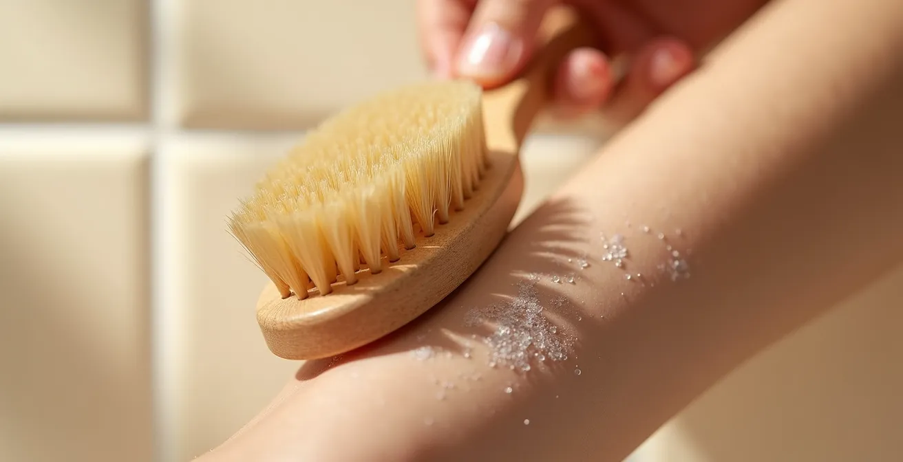 Démonstration de mouvements circulaires doux avec une brosse en fibres naturelles sur l'avant-bras