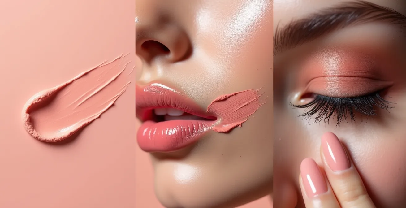 Application d'un stick blush crème sur joues, lèvres et paupières pour démontrer le concept produit-caméléon
