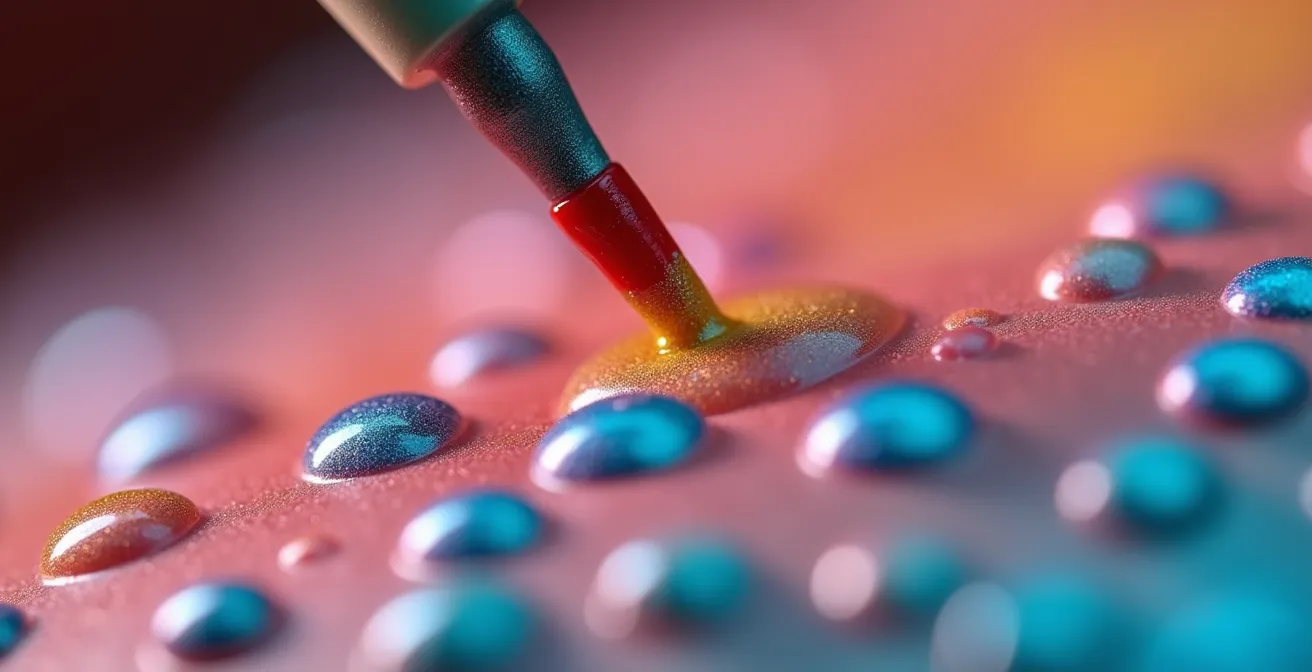 Gros plan macro sur la création de dots colorés effet confetti avec différents outils improvisés