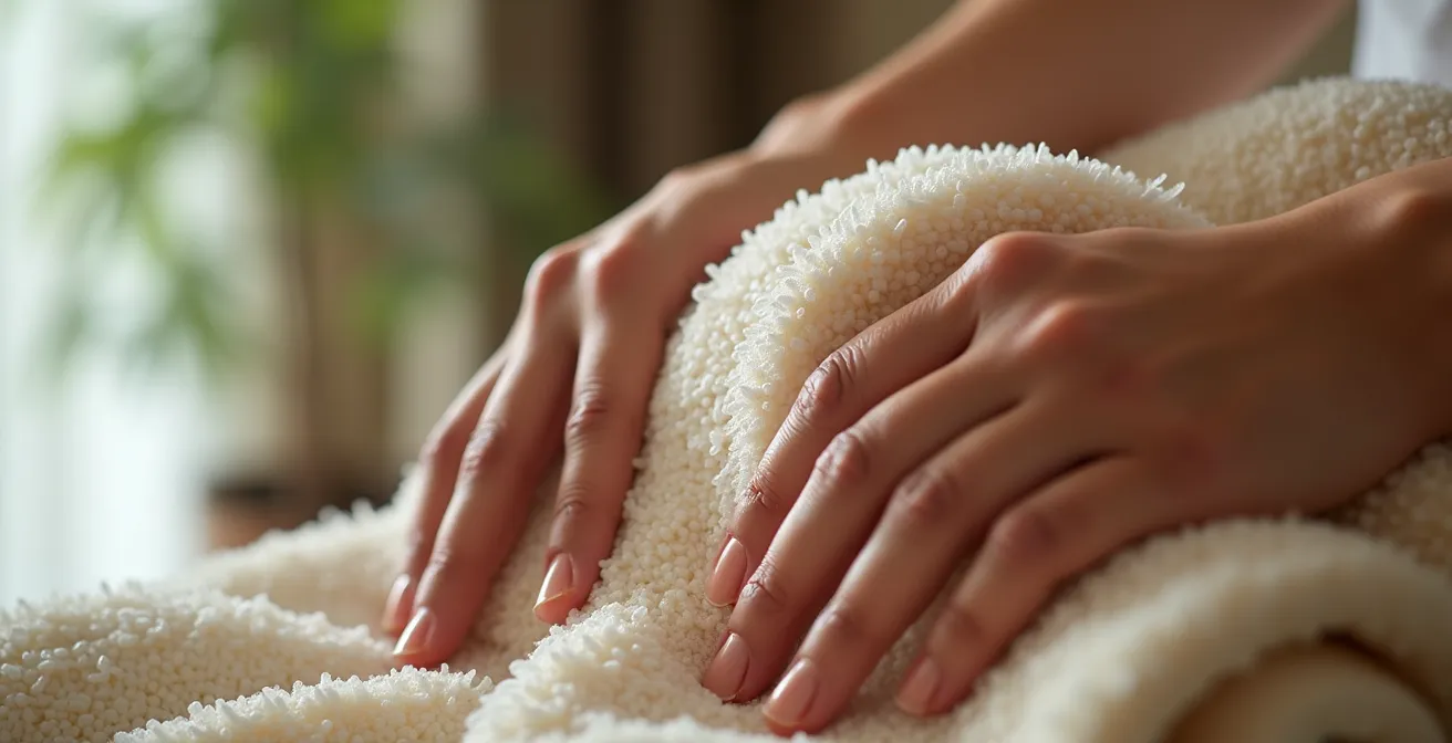 Mains pressant doucement une serviette en bambou sur des cheveux longs mouillés