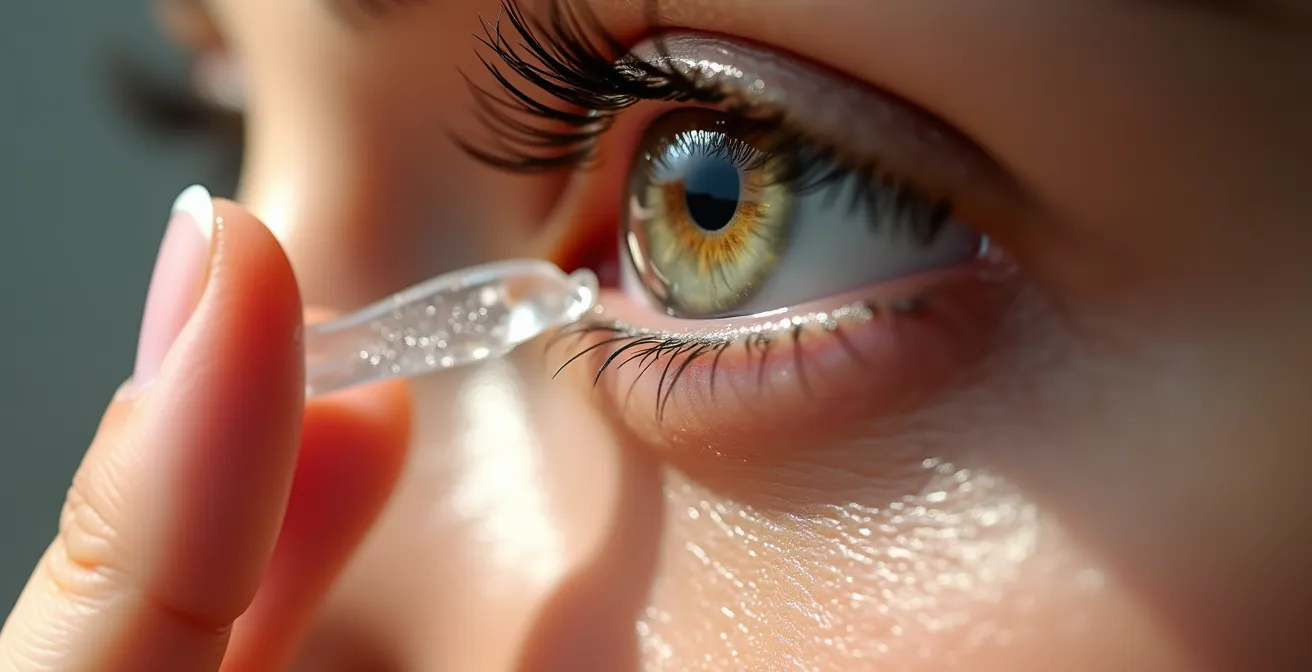 Gros plan macro sur l'application délicate d'un sérum transparent autour de l'œil