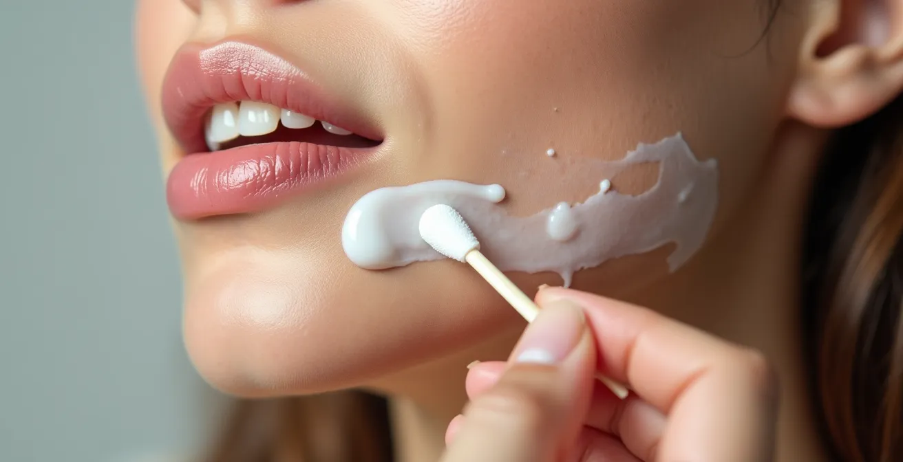 Gros plan sur l'application d'une crème test sur une zone précise du menton