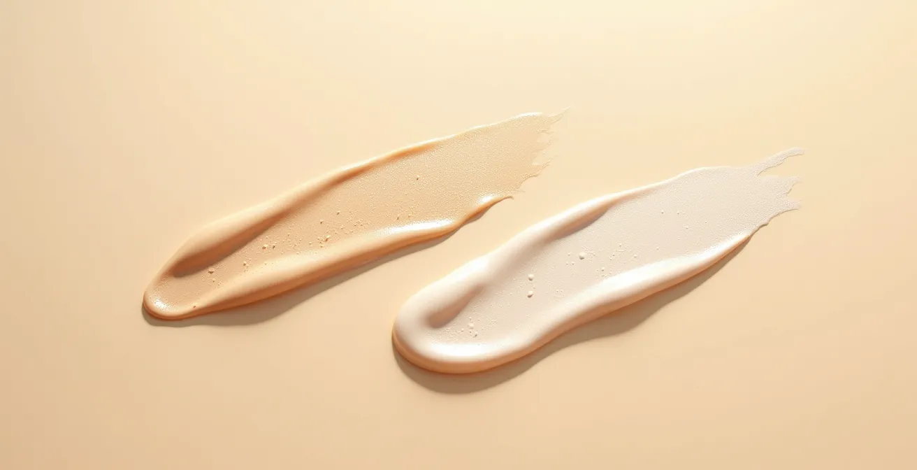 Comparaison de textures de crèmes solaires sur peau, montrant la transparence d'une formule hybride